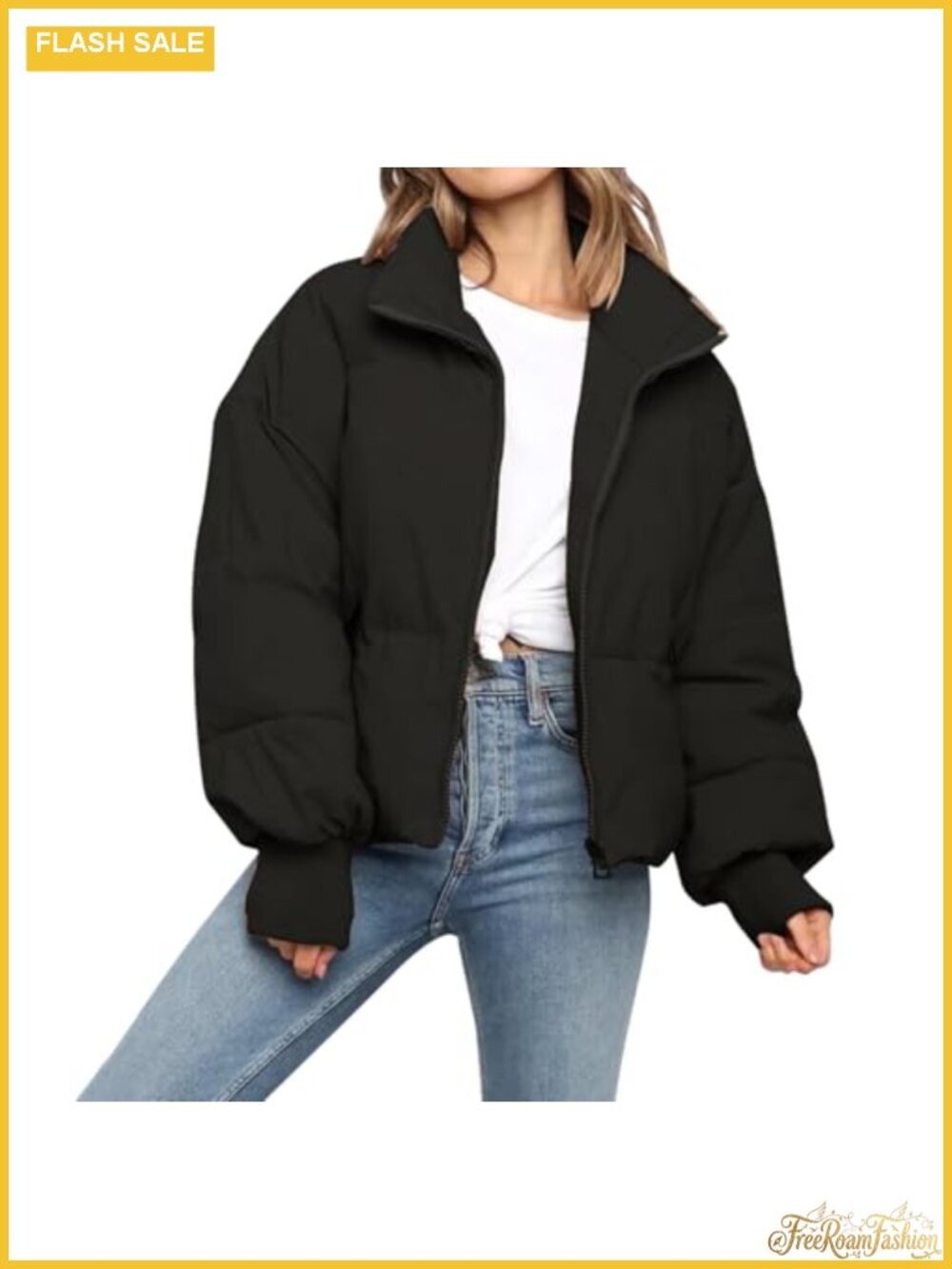 Quilted Cropped Puffer Jacket Oversize Zip Long Sleeve Winter Coat